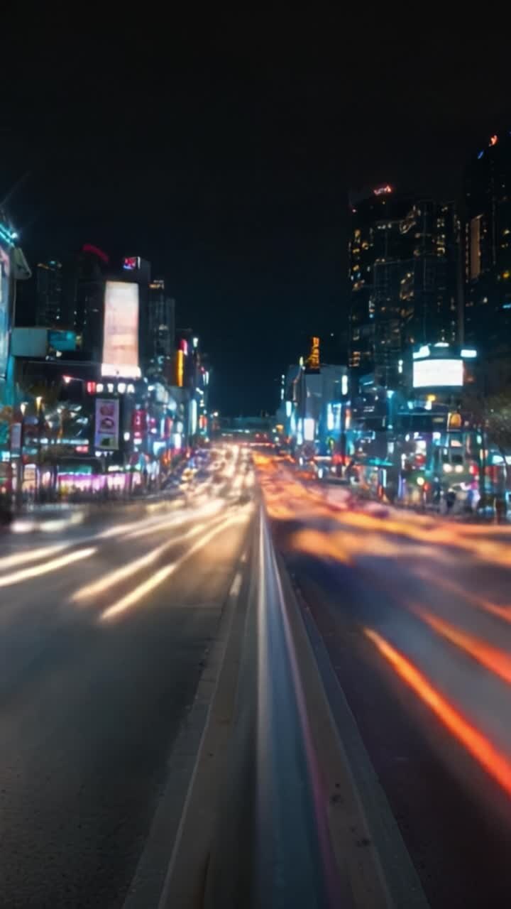 Scena notturna illuminata di una vivace strada cittadina piena di movimento ed energia, che mostra luci colorate e vita urbana catturata con fotografia dinamica a lunga esposizione.