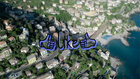 thumbs up like text animation over aerial view of coastal town