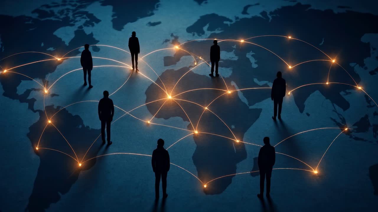 Silhouetted figures on a world map with glowing network lines, viewed from a high angle
