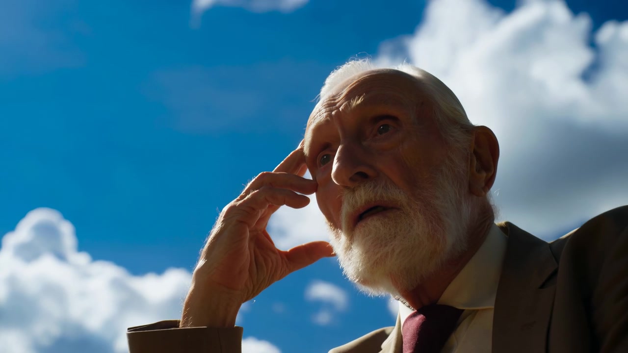 Warm sunlight shapes his white beard, lined face, raised fingers, dark jacket, white shirt, and burgundy tie, while a blurred chess piece appears low in frame before closer sky-filled composition.