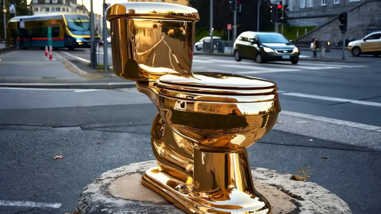 un inodoro de oro sentado en la parte superior de un pedestal de piedra en una calle de la ciudad