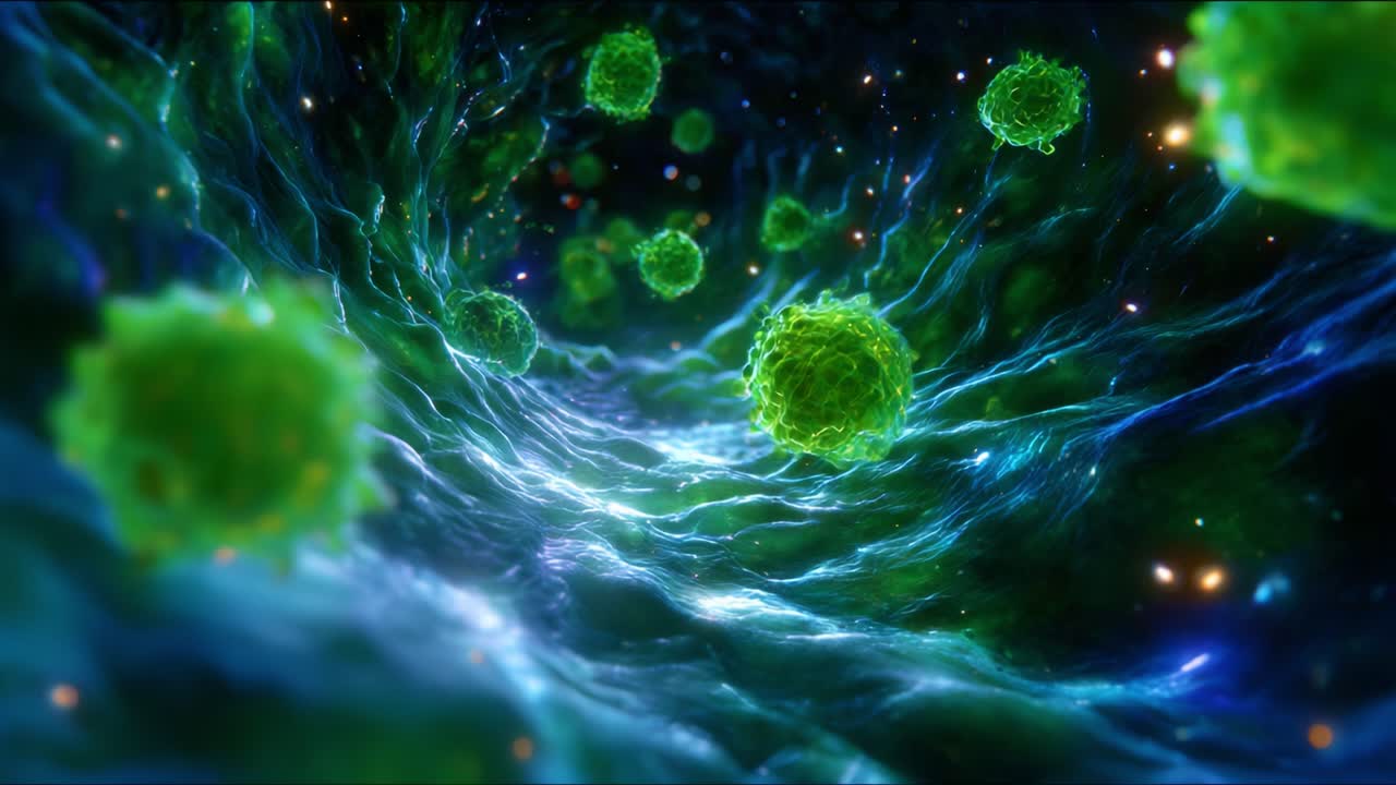 A Journey Through the Microscopic Realm: Exploring Vibrant Green Cells in a Colorful Fluid Environment with Beautiful Light Effects and Intricate Genetic Structures