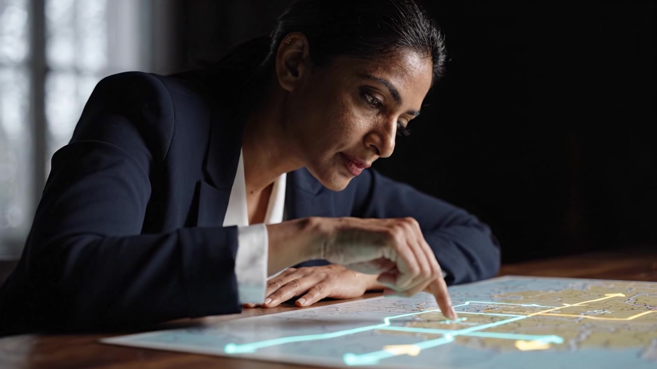 Focused Analysis of a Detailed Map by a Professional Woman in Business Attire as She Traces Routes and Connections with Intense Concentration