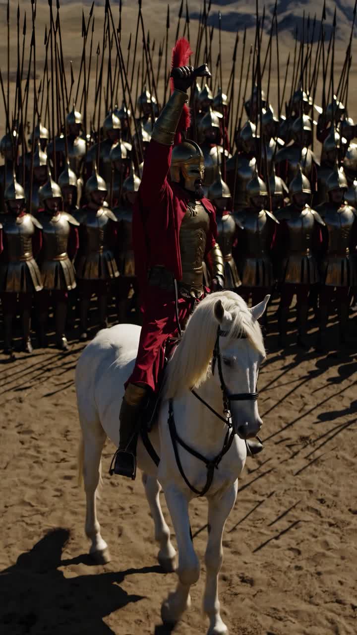 Tomada de baixo ângulo de um guerreiro com armadura em um cavalo branco, liderando soldados com lanças.