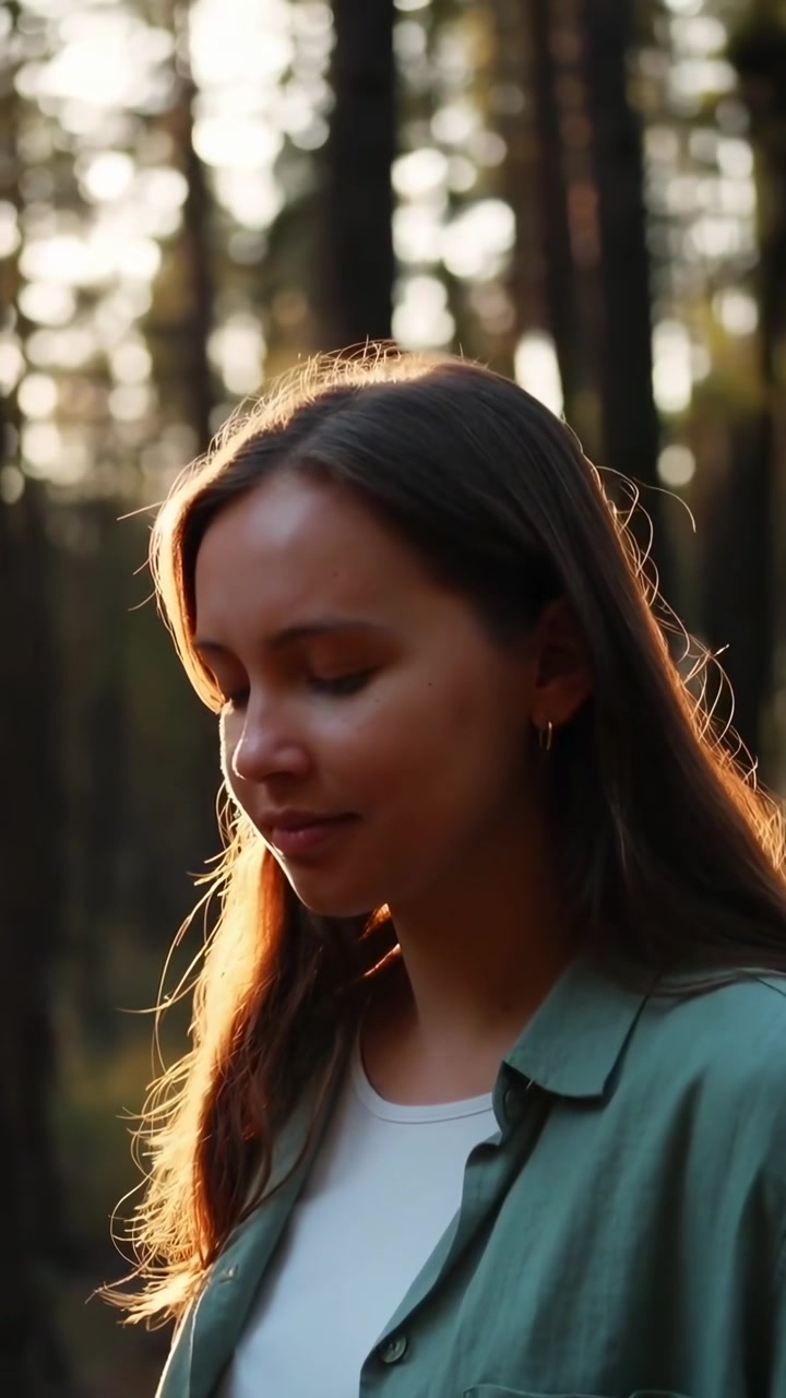 Jovem Mulher Serena Olhando para Baixo em uma Floresta Ensolarada