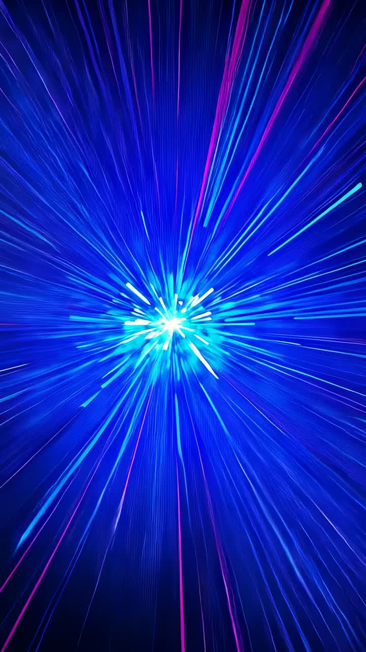 Vertical video: Camera zooming bright blue light core pushing radial streaks outward in dark studio