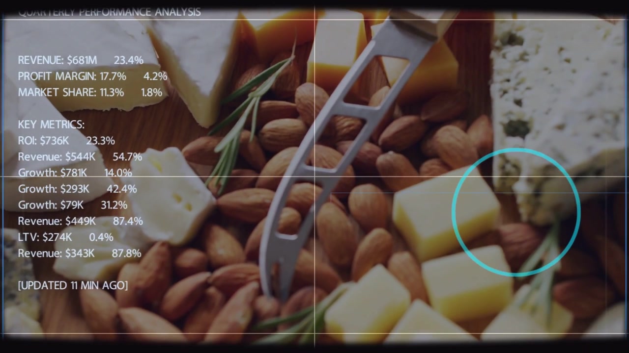 Cheese-and-nuts platter displaying finance metrics after data feed, cyan HUD tracking cubed cheese