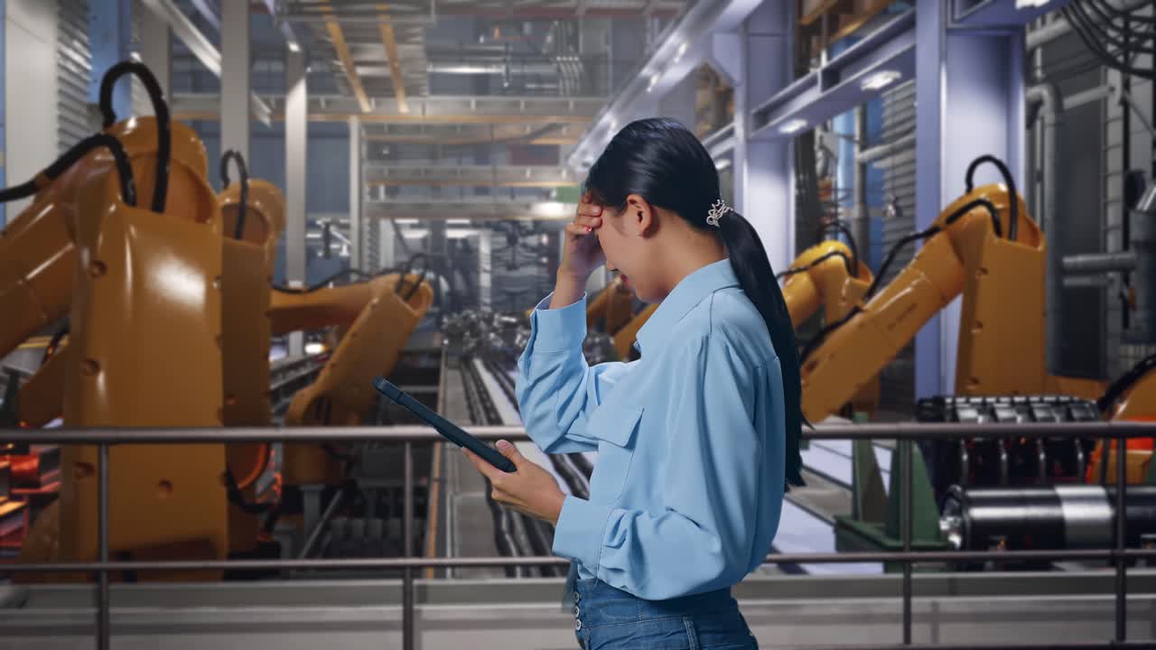 Side View Of Asian Female With Her Tablet With Industrial Robotic Arms Working, Checking With Dissapionted And Nodding Her Shead