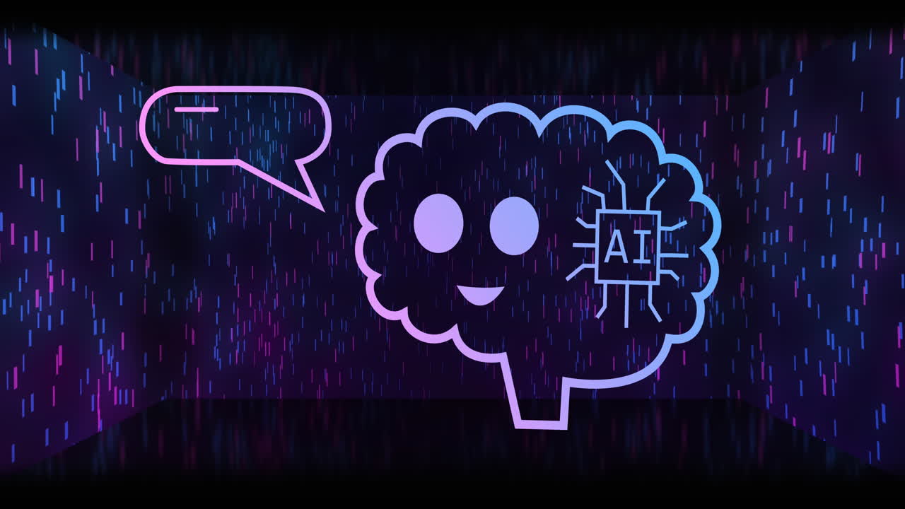 animación de un texto, iconos y procesamiento de datos sobre senderos de luz