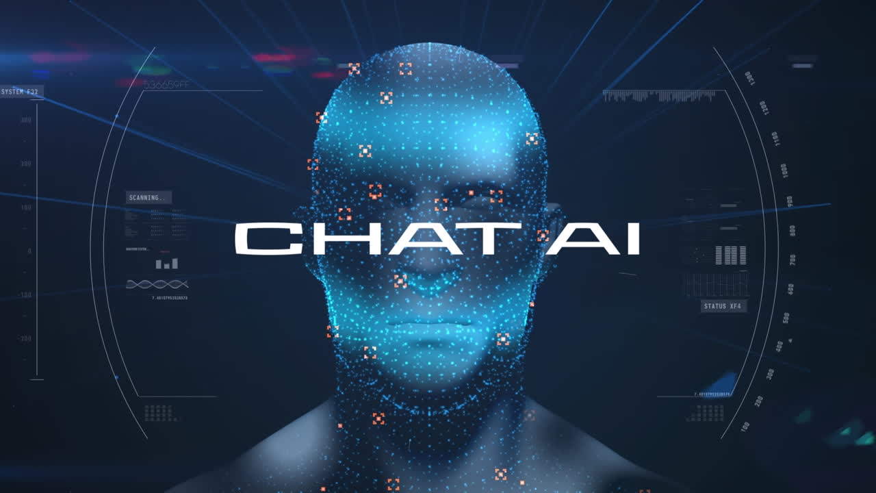 人間の頭の上で人工知能のテキストとデータ処理のアニメーション