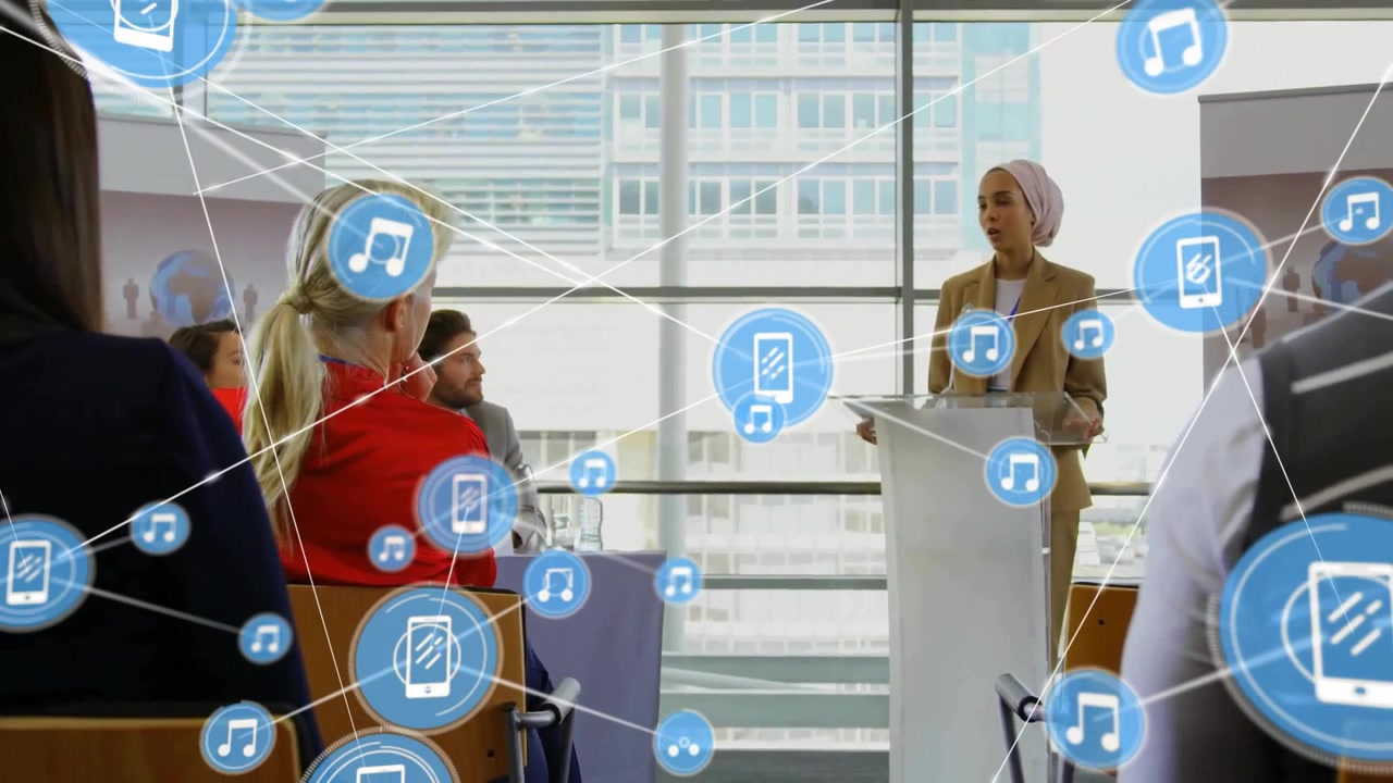 Businesswoman Giving a Presentation with Digital Network Graphics