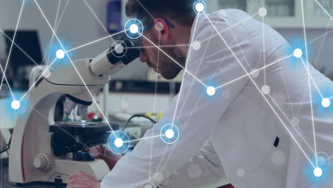 animation of network of connections over caucasian male scientist working in lab