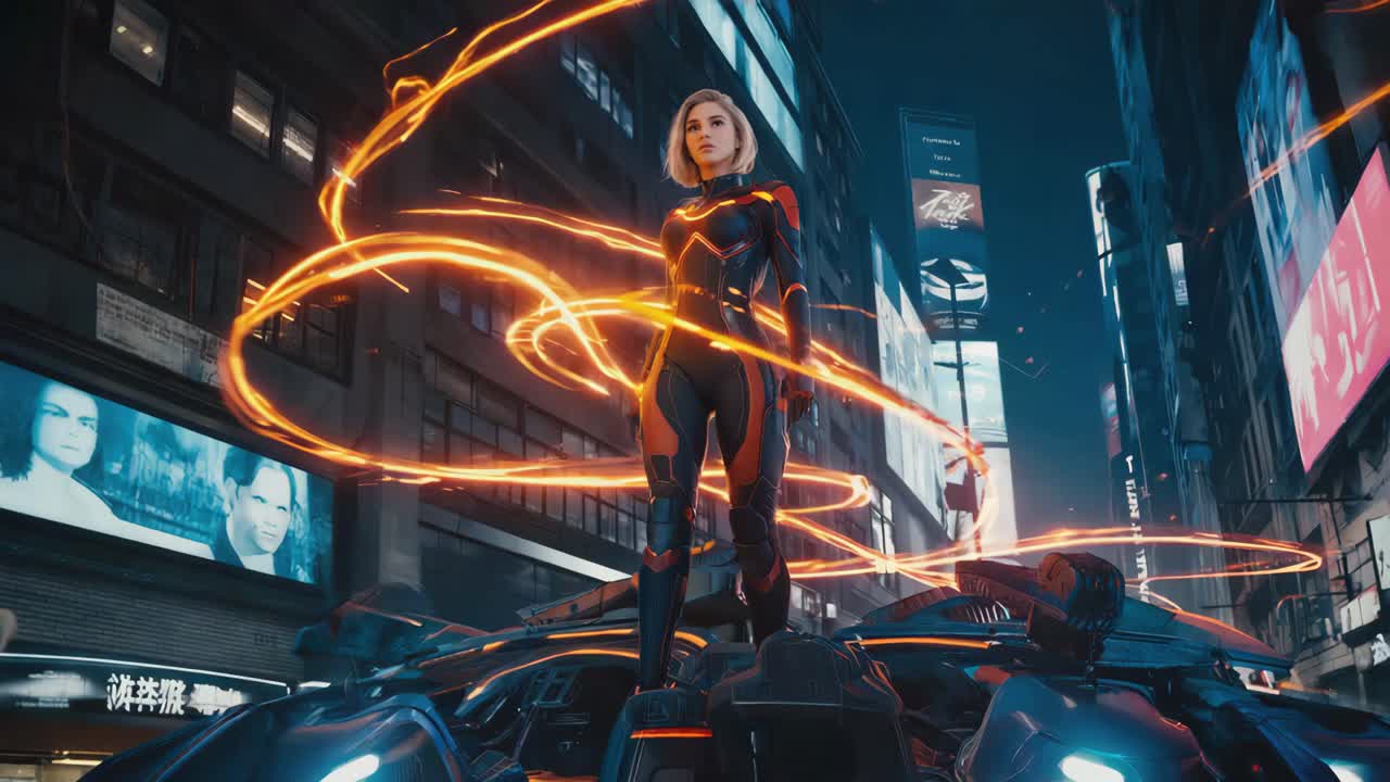 Futuristic Woman in Cyberpunk Cityscape