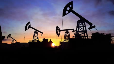 oil pump, oil industry equipment, drilling derricks silhouette from oil field at sunset with dramatic sky