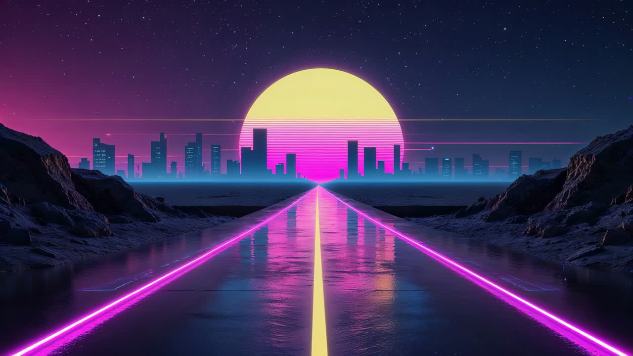 Retro-Futuristic Cityscape with Neon Road at Sunset