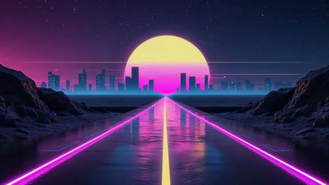 retro-futuristic cityscape with neon road at sunset