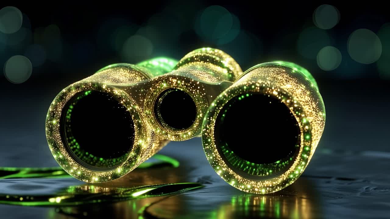 Binocolo bioluminescente verde emette una luce soffusa su una superficie scura. Scintillano con piccole luci, riflettendosi su un vetro liscio. Un profondo bokeh sullo sfondo nero aggiunge mistero alla scena.