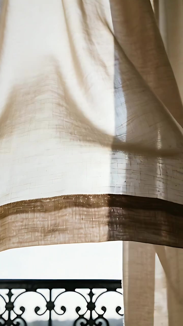 Video verticale: Tenda trasparente con orlo scuro che ondeggia per la brezza del balcone, piegandosi per mostrare la ringhiera.