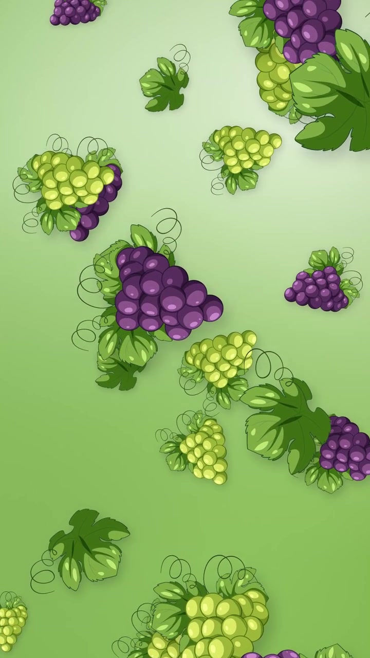 Grappoli d'uva verdi e viola stilizzati cadono verticalmente su uno sfondo a rete verde tenue.