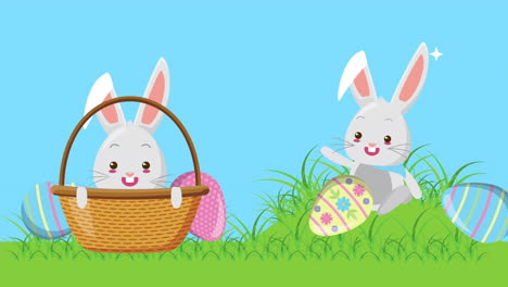 happy easter animated card with rabbits couple in the field