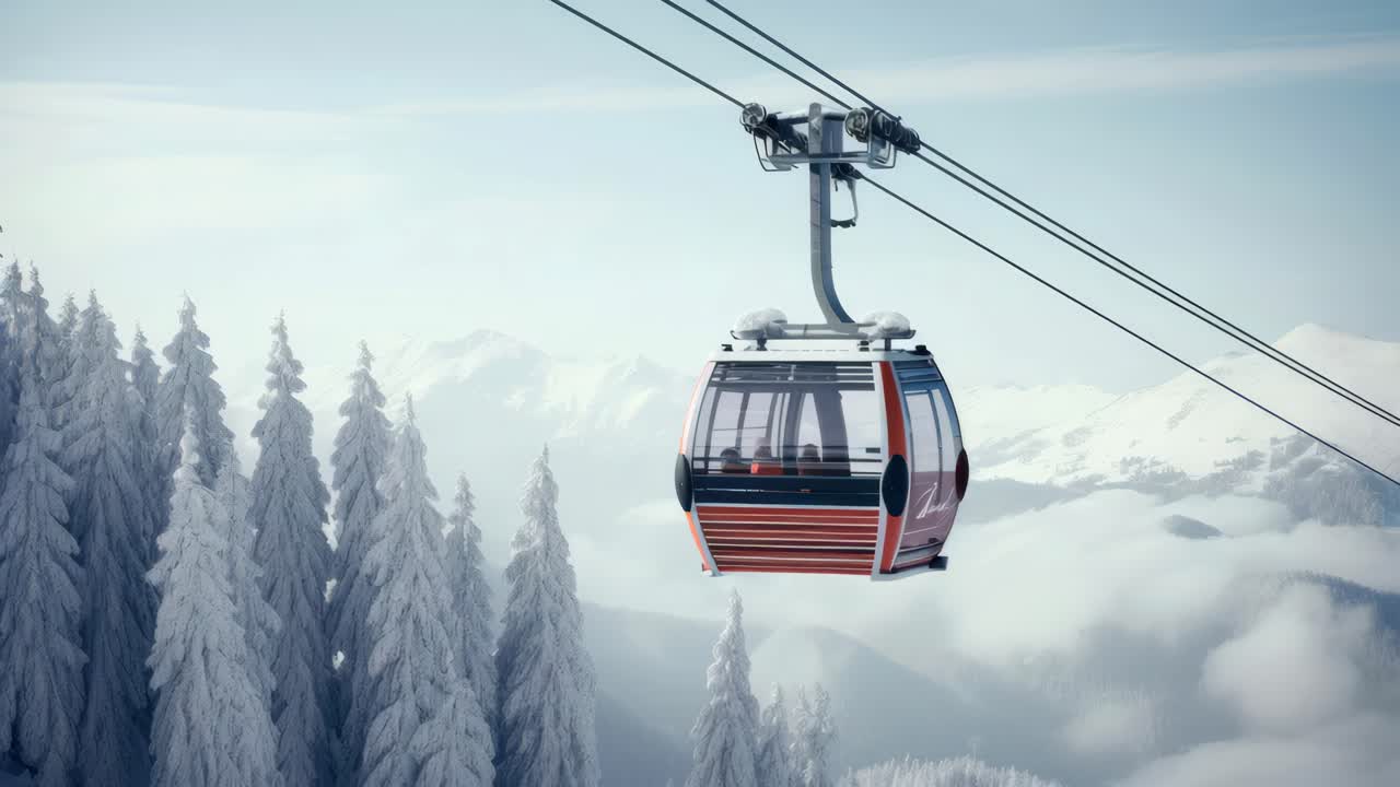 Vista aerea di una funivia rossa che scivola su alberi e montagne innevate, catturando un'atmosfera serena