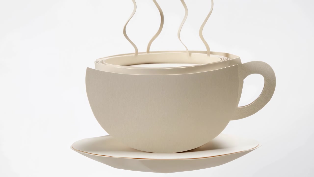 En beige kop med en matchende underkop står centreret på en ren hvid baggrund, mens blød damp stiger op fra den i en rolig, minimalistisk komposition