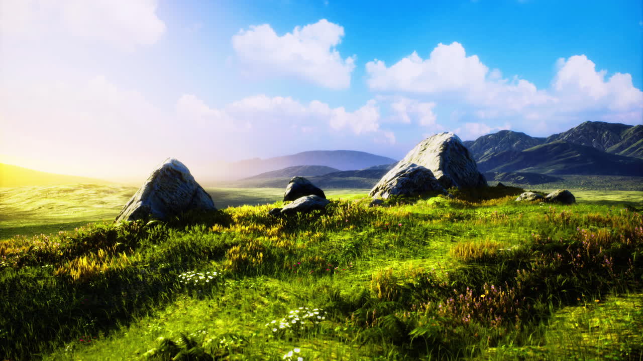 Majestic landscape with vibrant greens and rocky formations at sunrise