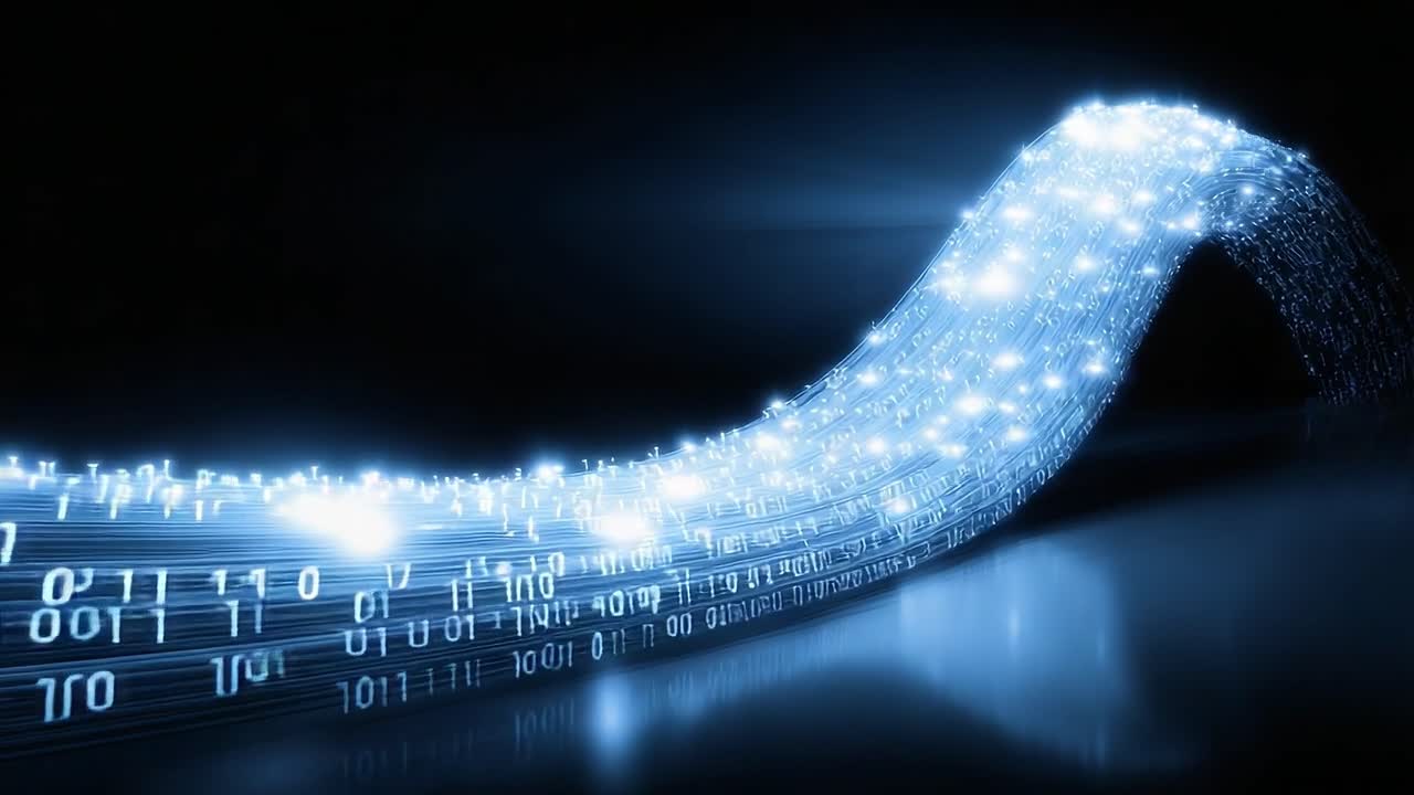 A Mesmerizing Display of Binary Code Flowing in a Dynamic Wave Formation, Illuminating the Digital Landscape with Brilliant Blue Light and Data Streams