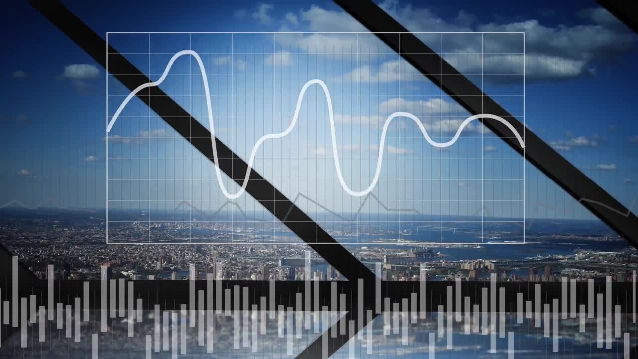 도시 풍경 위의 금융 데이터 처리 애니메이션