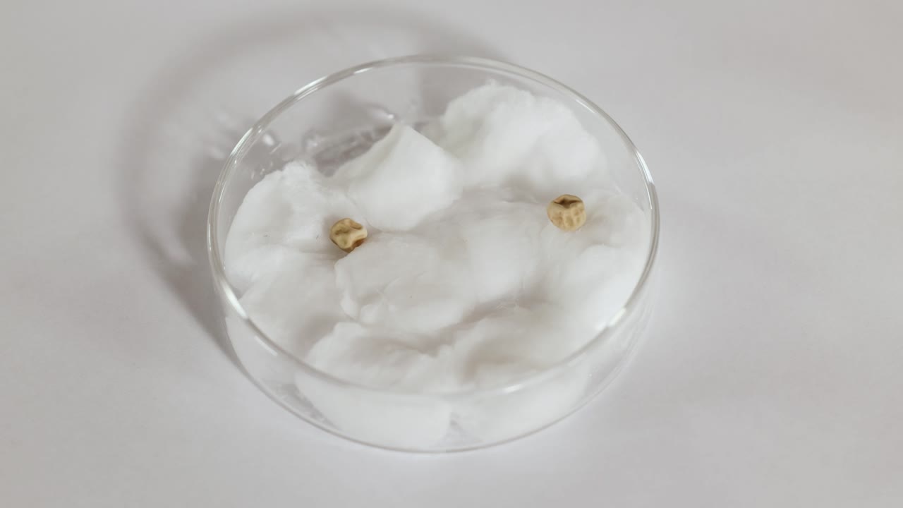 A scientist places seeds in a petri dish with cotton wool, demonstrating a controlled growth experiment under bright lighting