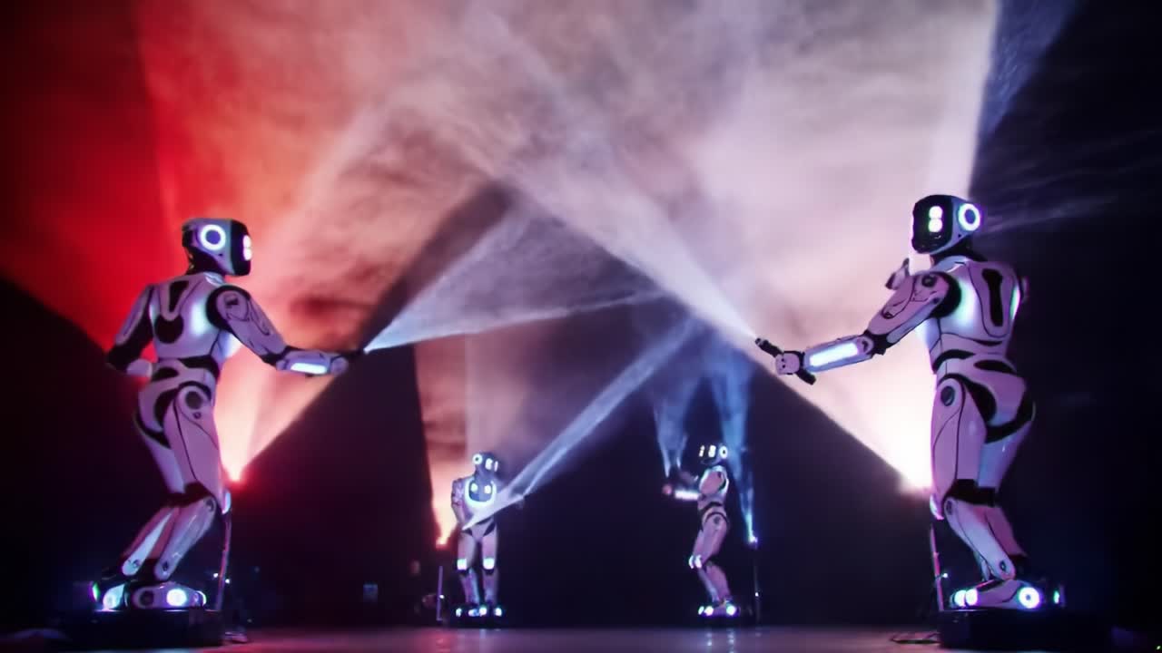 A Dynamic Display of Advanced Robotics in a Colorful Light Show Featuring Multiple Robots Engaged in a Synchronised Performance with Striking Visual Effects