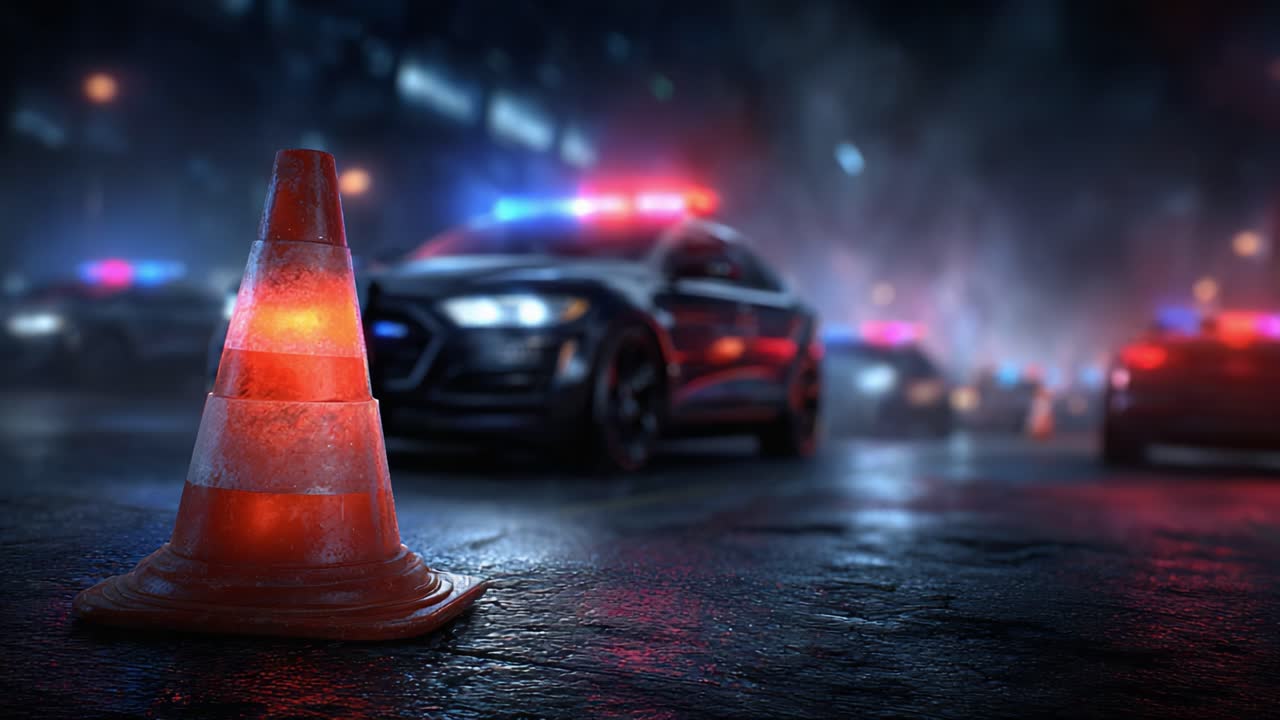 A Dramatic Scene of Emergency Response with Police Vehicles and Traffic Cone Under Night Lights, Capturing the Tension and Urgency of a Law Enforcement Encounter