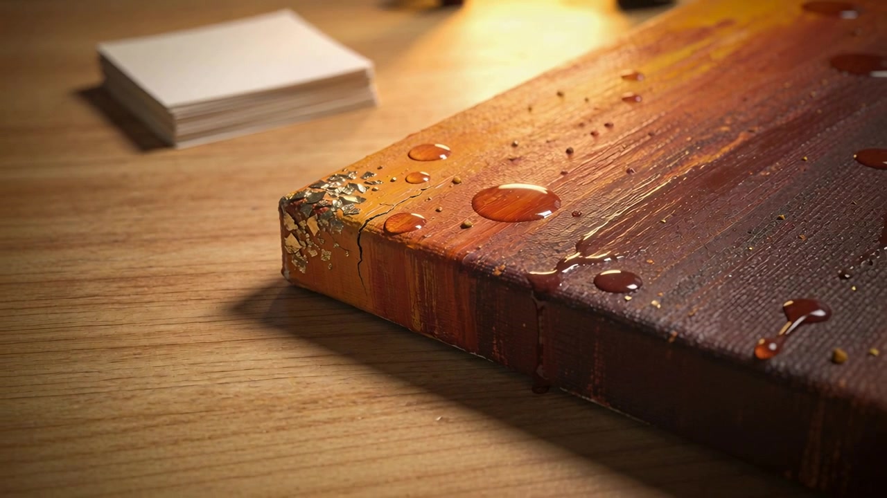 Pulling camera exposing canvas corner on wood desk, showing gold leaf and amber drops, copy space