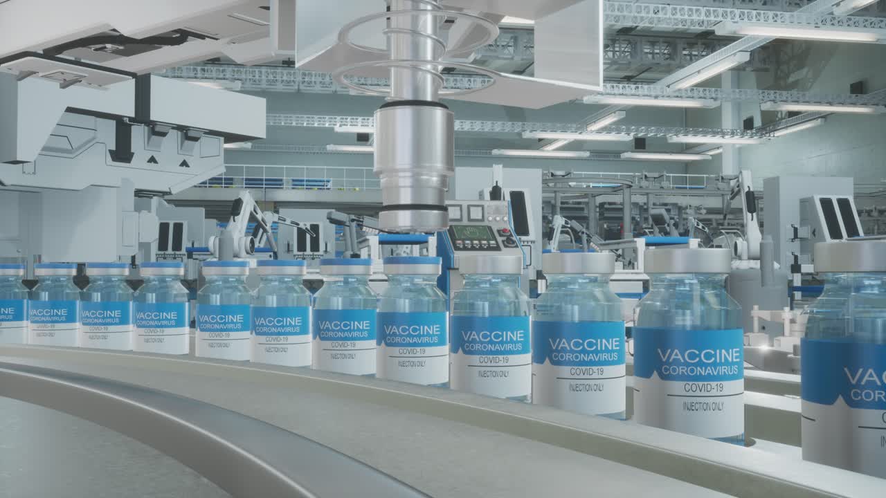 Vaccine Mass Production In Laboratory, 3D Rendering Vaccine Bottle Packing, Machine Puts Bottle Caps On Ampoules Moving On Pharmaceutical Conveyor Belt In Research Lab In Left Cyclic