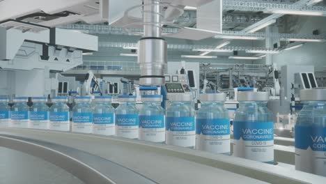 vaccine mass production in laboratory, 3d rendering vaccine bottle packing, machine puts bottle caps on ampoules moving on pharmaceutical conveyor belt in research lab in left cyclic
