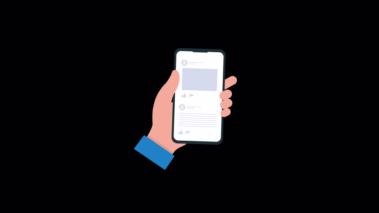 Mano animata che scorre il feed dei social media su smartphone