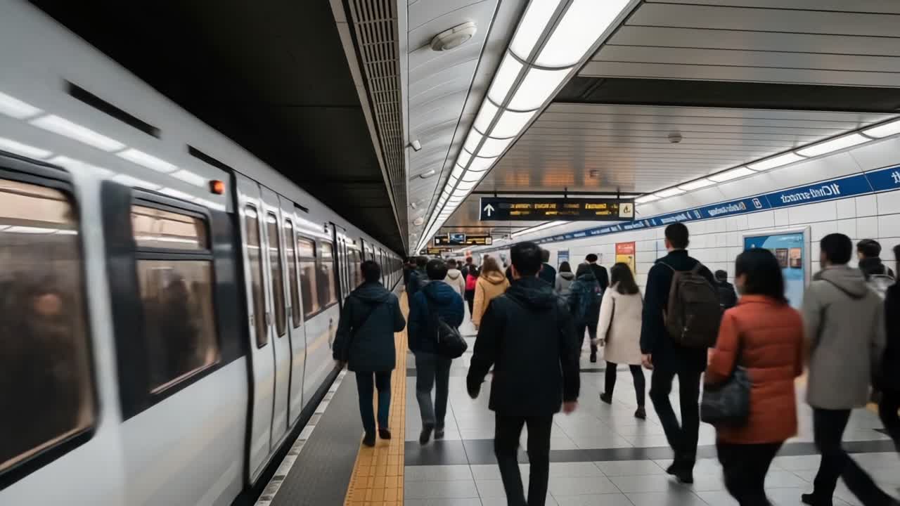 Busy Underground Transit Station: Commuters Walking Along Platform as Trains Arrive and Depart in a Modern Subway Environment