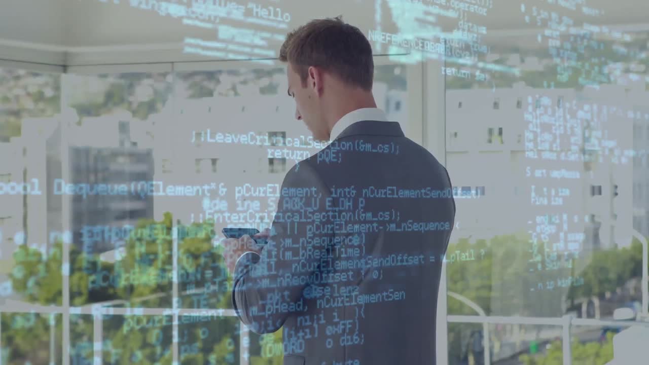 스마트 폰을 사용하는 사업가에 대한 데이터 처리 애니메이션