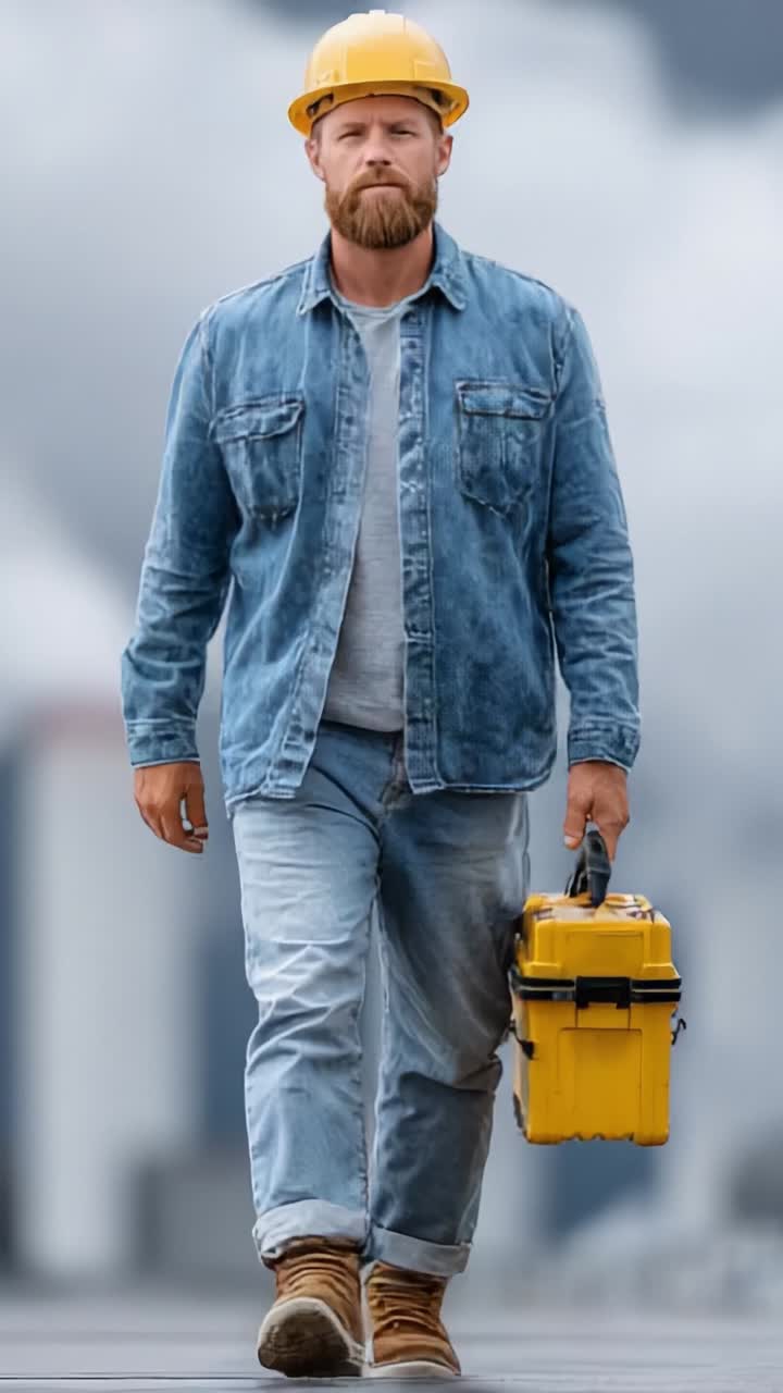 A determined worker in safety gear strides confidently with a toolbox, showcasing resilience and dedication amidst an industrial backdrop of smoke and machinery