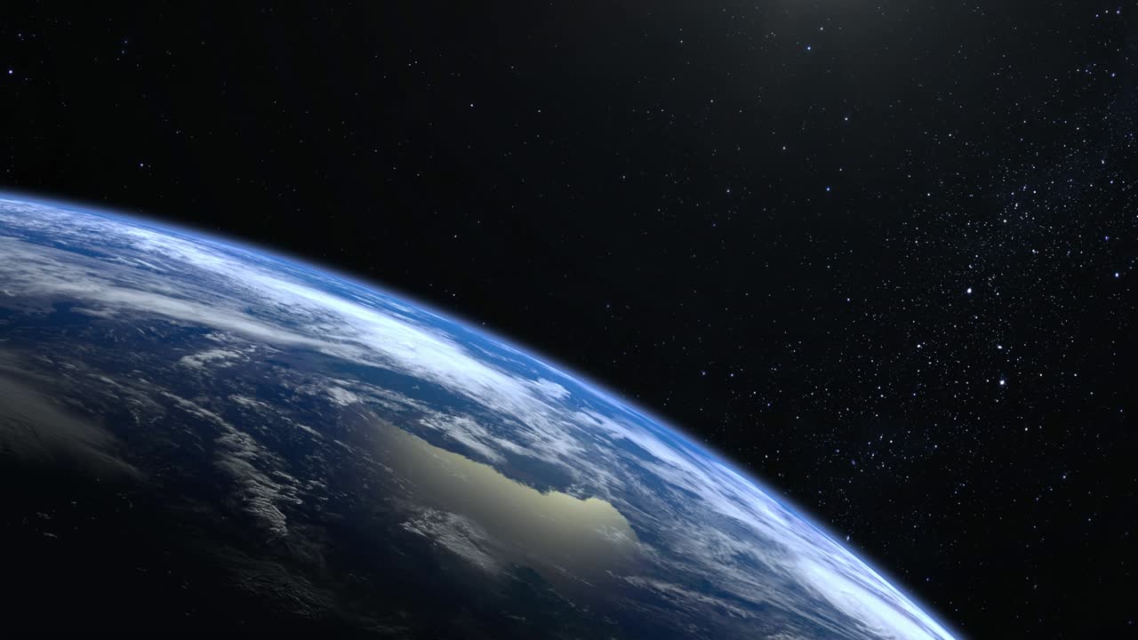 земля из космоса. камера приближается к земле и вращается. нет солнца в кадре. звезды мерцают. 4к. восход солнца. земля медленно вращается. реалистичная атмосфера. 3d объемные облака.