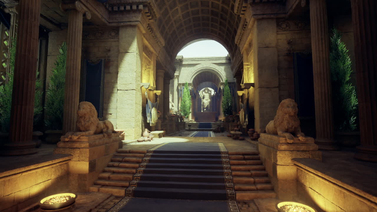 Passerella celebrativa decorata con archi e statue che risplende luminosamente.