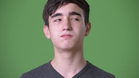 초록색 배경에 젊은 잘생긴 이란 십대 소년