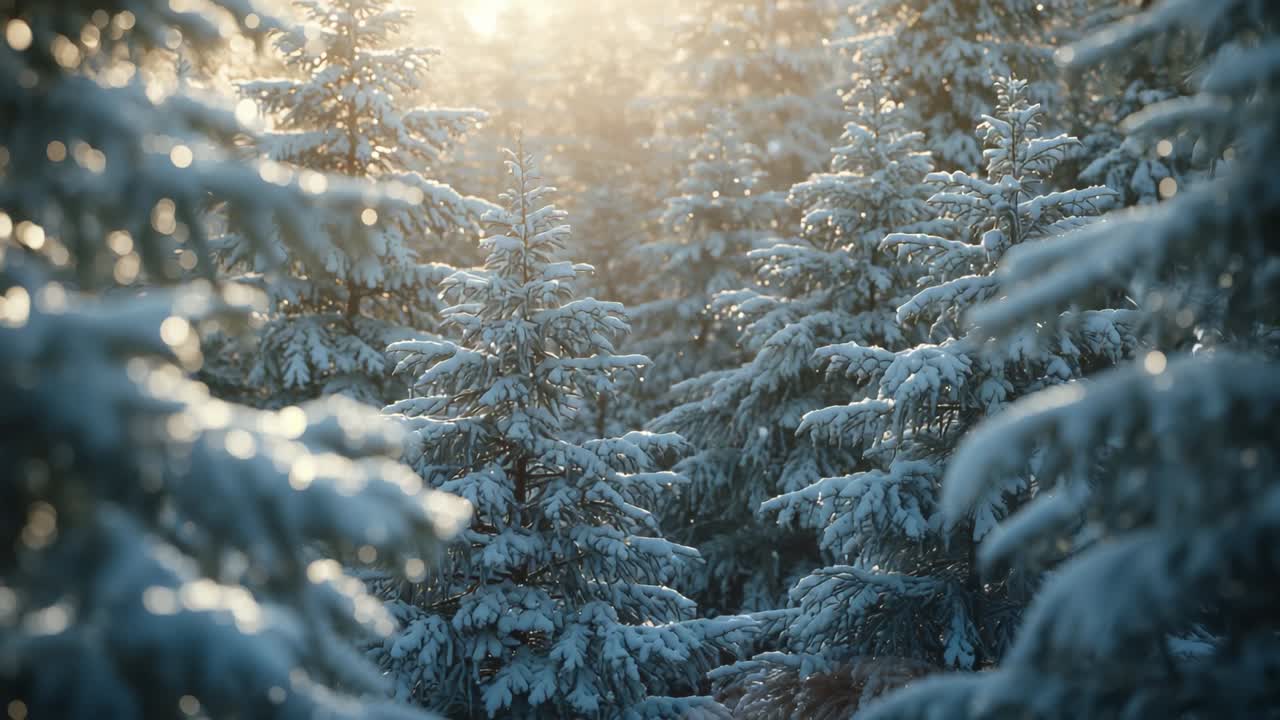 Sun rays filtering through snow-laden fir branches at dawn, causing drifting snowflakes sparkling