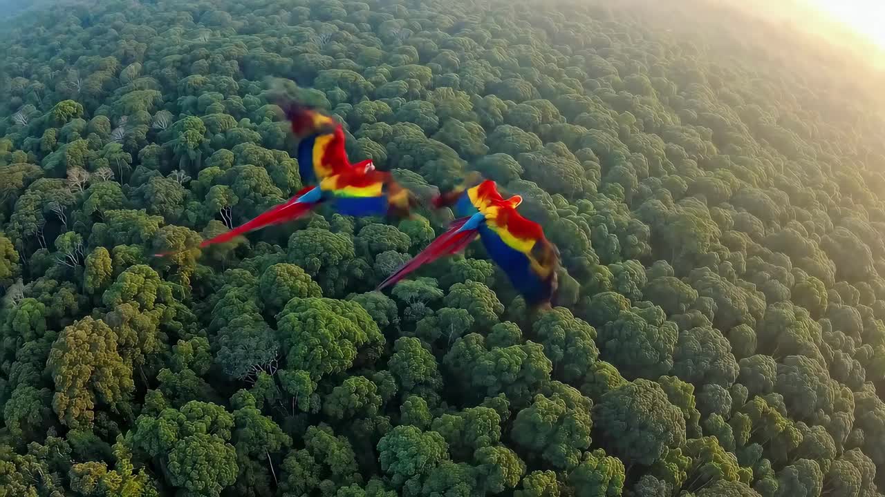 Aerial video shot of two vibrant macaws soaring over lush green forest canopy at sunrise