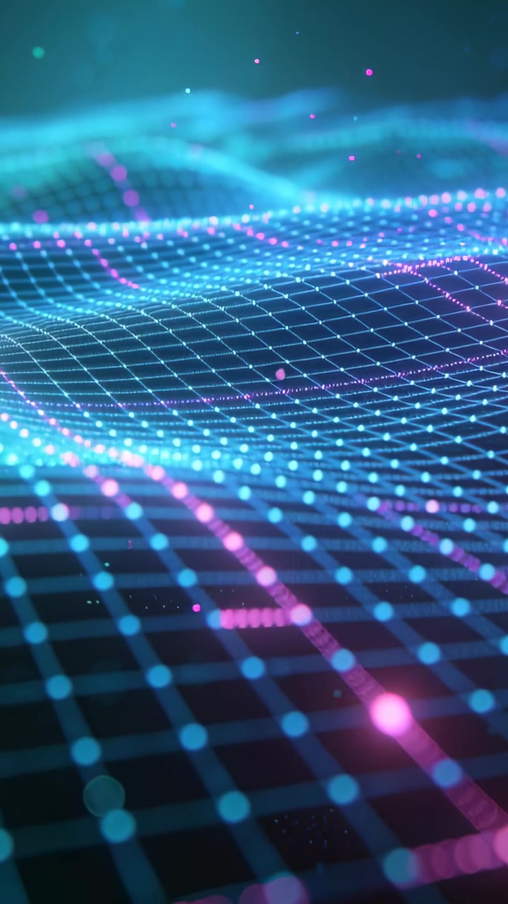 Lodret video: Kamera skubber til gitter, der bølger i cyberspace, med magenta pulser, der viser dataflow.