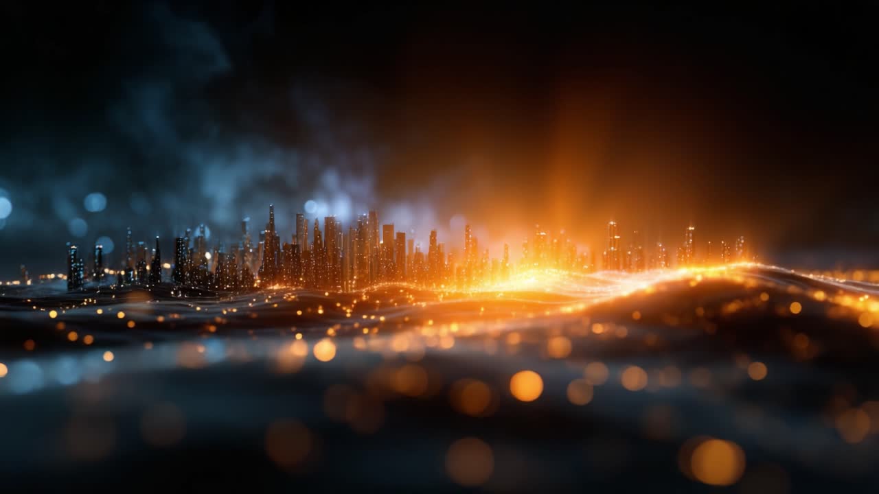 Stunning abstract city skyline at nighttime with glowing lights, shimmering reflections, and an ethereal atmosphere creating a surreal urban landscape experience
