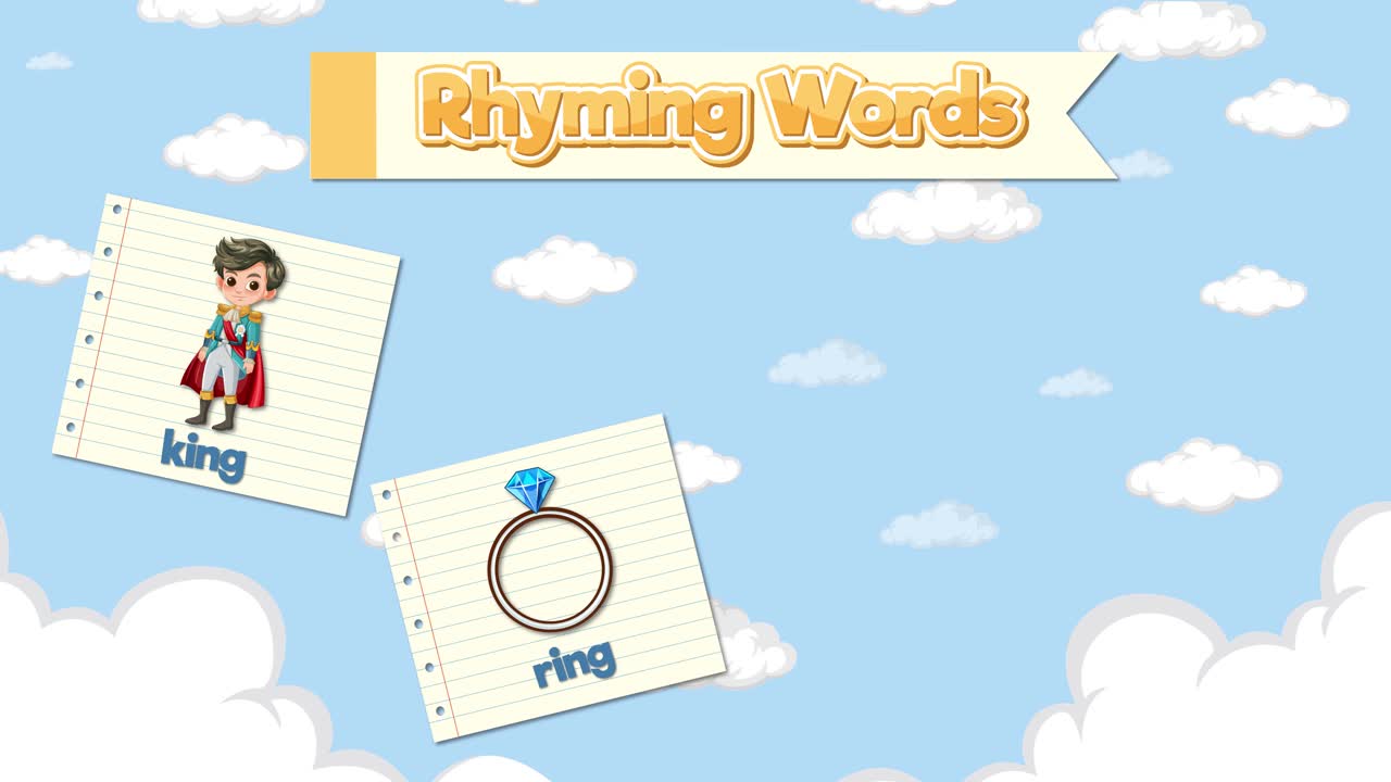 Animated flashcards appear against a blue sky background to teach children basic rhyming word patterns