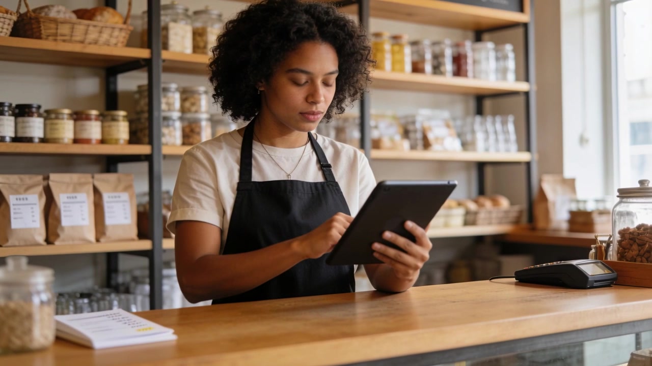 Holding tablet, attendant wearing dark apron tapping screen behind counter, processing card payment