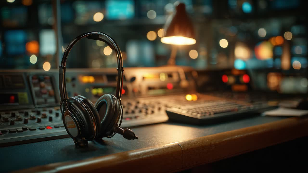 A Close-Up View of Professional Headphones Resting on a Broadcast Console in a Dimly Lit Studio Filled with Glowing Monitors and Equipment