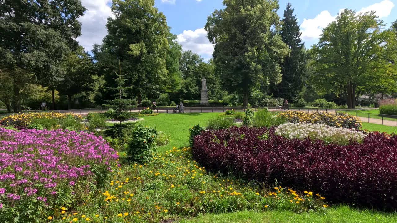 Una fluida panoramica diurna della telecamera rivela vivaci epilobi e fiori misti in un parco paesaggistico di Berlino, con una vegetazione lussureggiante e luce solare naturale.